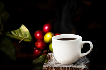 white cup of coffee on wooden plate over blurred fresh coffee bean in dark background.