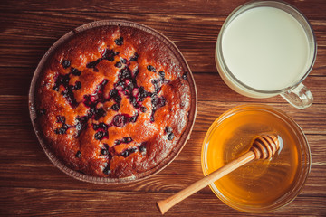 Fruit cake, honey and milk.