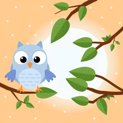 Colorful tree with cute owl. Cartoon bird in sunny forest. Flat vector illustration.