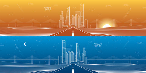 Infrastructure panorama. Highway. Big bridge, business center, architecture and urban illustration, neon city, white lines on blue and orange background, skyscrapers and towers, vector design art