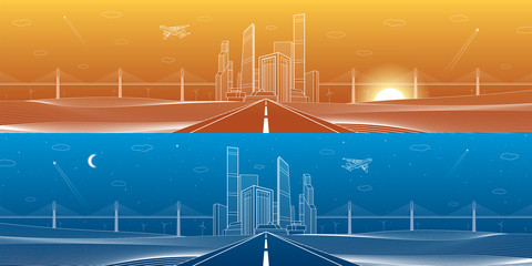 Obraz premium Infrastructure panorama. Highway. Big bridge, business center, architecture and urban illustration, neon city, white lines on blue and orange background, skyscrapers and towers, vector design art