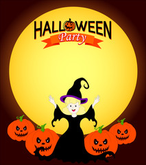Halloween design with cute witch, pumpkin and moon. Halloween banner with text area. Vector illustration