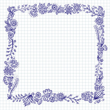 floral doodle frame on checkered notebook paper