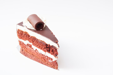 chocolate layer cake with chocolate ship topping cream and vanilla layer cake with cherry currant cream isolated on white background.
