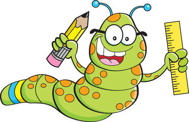 Cartoon illustration of an inchworm holding a pencil and a ruler.