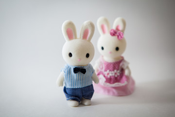 오해하고 있는 남자 여자 토끼 인형