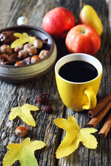 Nuts, fruit and cup of coffee