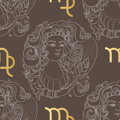 Zodiac sign Virgo. Horoscope vintage seamless pattern.