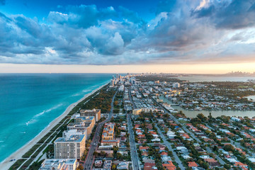 Skyline of Miami Beach, overhead view at dusk