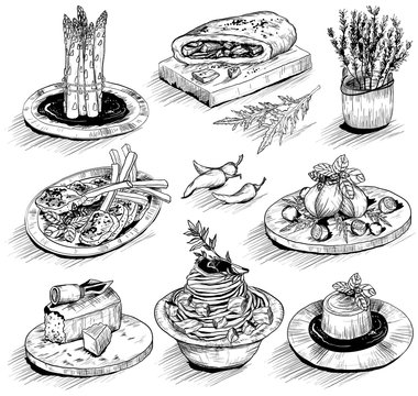 hand drawn illustration with Mediterranean food