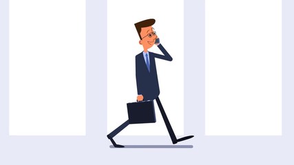 Cartoon businessman walking, holding briefcase and talking on the phone. 4K resolution. Looped animation. Man on abstract 
and transparent backgrounds. PNG+Alpha.