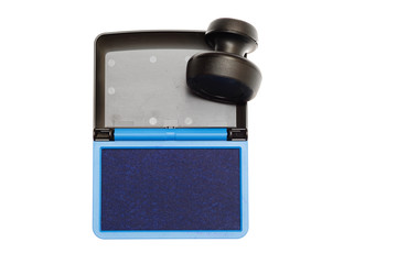 Rubber stamp with opened blue ink pad isolated