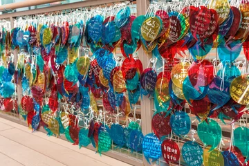 Fotobehang Colorful cards with wishes on The Lovers' Terrace at Stanley, Hong Kong © Wilding