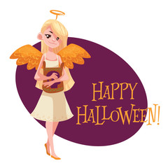 Happy girl dressed as angel for Halloween, cartoon style vector illustration isolated on white background. Little angel fancy dress idea. Trick or treat Halloween card