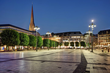 Rathausmarkt und Petrikirche in Hamburg am Abend