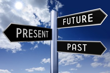 Obraz premium Signpost with three arrows - time concept (future, present, past).