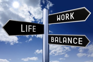 Obraz premium Signpost with three arrows - work balance concept (work, life, balance).