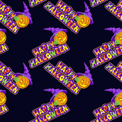 Vector illustrations of Halloween pattern seamless with pumpkin and lettering on dark background
