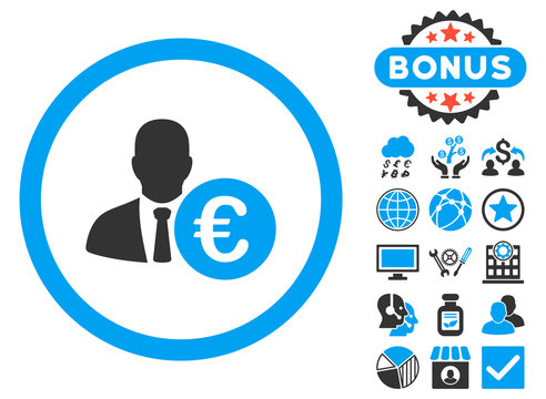 Euro Banker icon with bonus design elements. Vector illustration style is flat iconic bicolor symbols, blue and gray colors, white background.