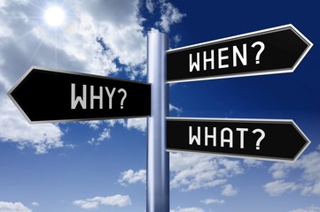 Fototapeta premium Signpost with three arrows - questions concept