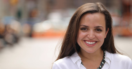 Young caucasian woman face portrait smile happ