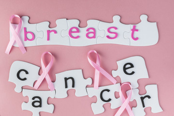 Breast cancer concept. Awareness  pink ribbon and puzzle.