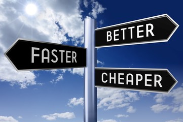 Obraz premium Signpost with three arrows - better, faster, cheaper