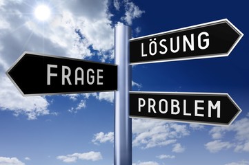 Obraz premium Signpost with three arrows - solution, question, problem (English)/ Losung, Frage, Problem (German)