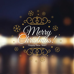 Christmas and New Year. Vector greeting card with blurred christmas lights