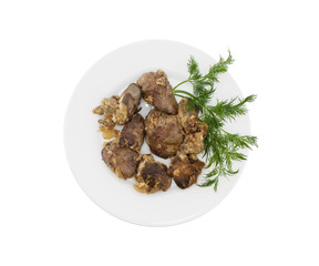 Roasted chicken liver with onion isolated on white background. T