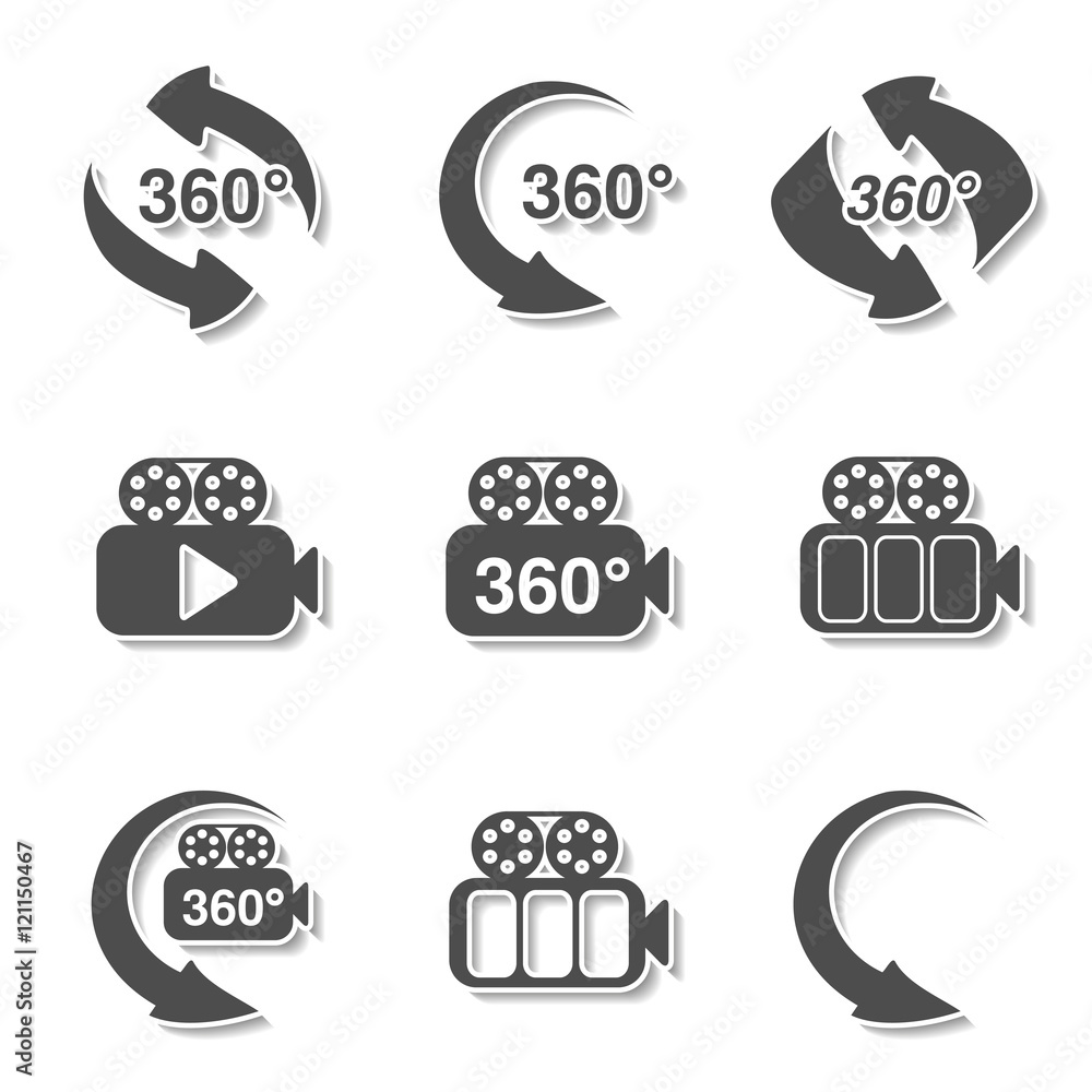 Poster vector symbols for virtual tour, grey labels - buttons with arrows and camera