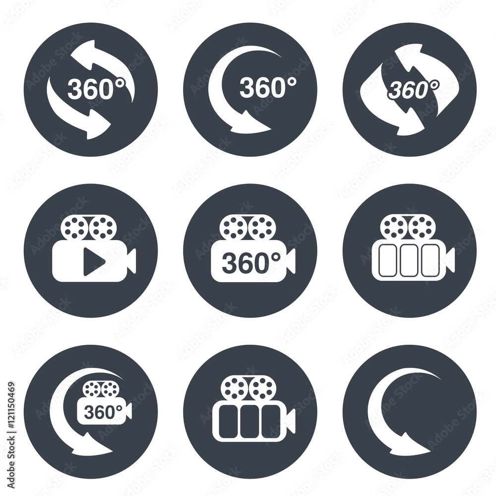 Poster vector symbols for virtual tour, circle grey labels - buttons with arrows and camera