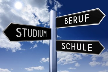 Fototapeta premium Signpost with three arrows - profession, studies, school (English)/ Beruf, Studium, Schule (German).