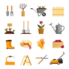 Garden equipment vector icons set. Plants, tools, work clothes, harvest. Fruits, vegetables, flowers cultivation. Gardening illustration