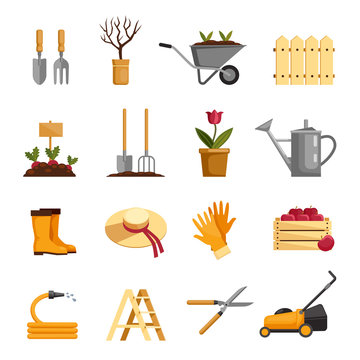 Garden equipment vector icons set. Plants, tools, work clothes, harvest. Fruits, vegetables, flowers cultivation. Gardening illustration