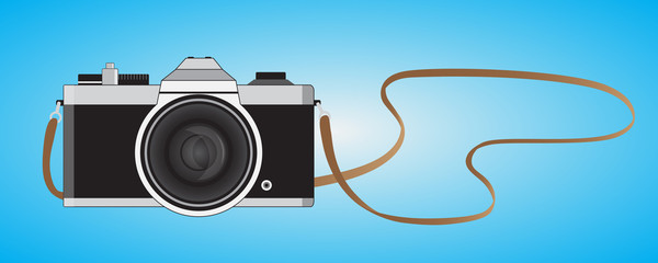 Retro camera in a flat style. Vintage camera on a colored background. Antique hung old camera with strap. Vector Illustration