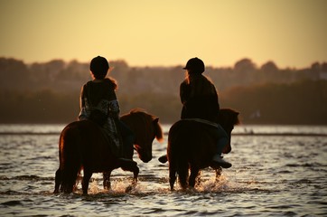Ostseeküste im Fokus - Schiffe, Pferde, Raps - Zwei Reiterinnen in der Ostsee, Mädchen auf Ponys