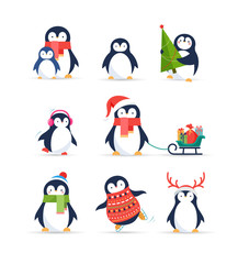 Fototapeta premium Cute penguins set - Merry Christmas greetings