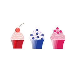 Set of cupcakes icons. Cupcakes with cherry, blueberry and raspberry. Vector illustration in flat style.