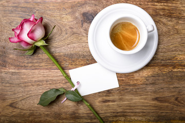 coffee, rose and white empty paper for romantic morning