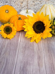Herbstlicher Hintergrund aus Holz mit Blüten und Kürbissen am oberen Rand