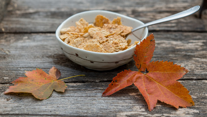 Healthy breakfast in nature - fall with colorful leafs