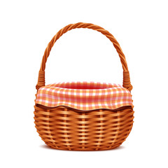Realistic wicker basket with napkin isolated on white background.