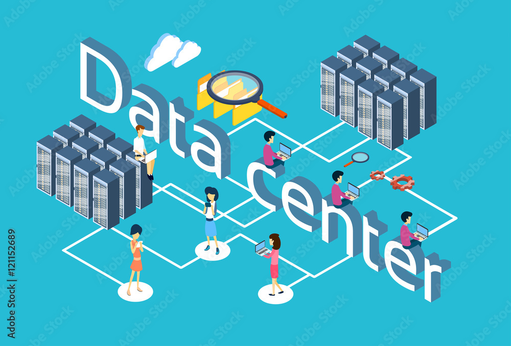 Poster people group using gadgets database server search data center 3d isometric design