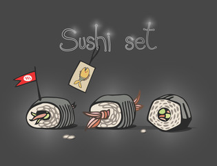 Sushi set with 3 rolls on grey background. Vector illustration.