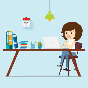 Freenlance women thinking work for customers.Vector illustration business cartoon concept