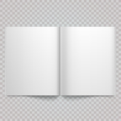 Open magazine double-page spread with blank pages. Isolated white paper Vector white blank magazine spread on white background. Book Spread With Blank White Pages