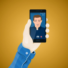 Online video conferencing. Hand with phone vector illustration in flat style. Man's hand holding a phone concept. Video call on the screen of black smartphone. Mobile app vector clipart