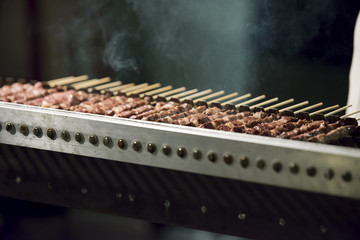 skewers of meat sheep on the grid with different types of cooking