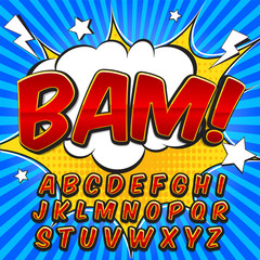 Comic alphabet set. Letters, numbers and figures for kids' illustrations, websites, comics, banners